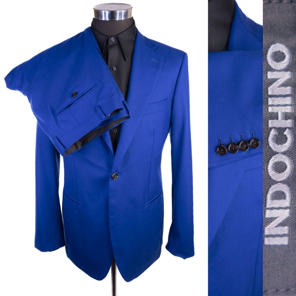 Indochino Custom Made Solid Blue Suit 42R Tailored Fit Wool 2Pc 38x32 Modern